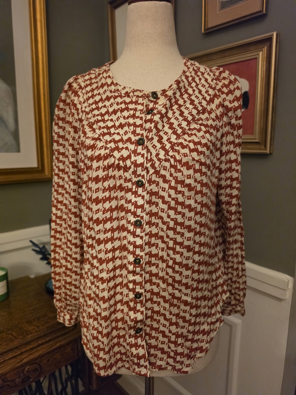Maeve From Anthropologie Button-Front Women's Top in Rust & Cream Size Xsp
